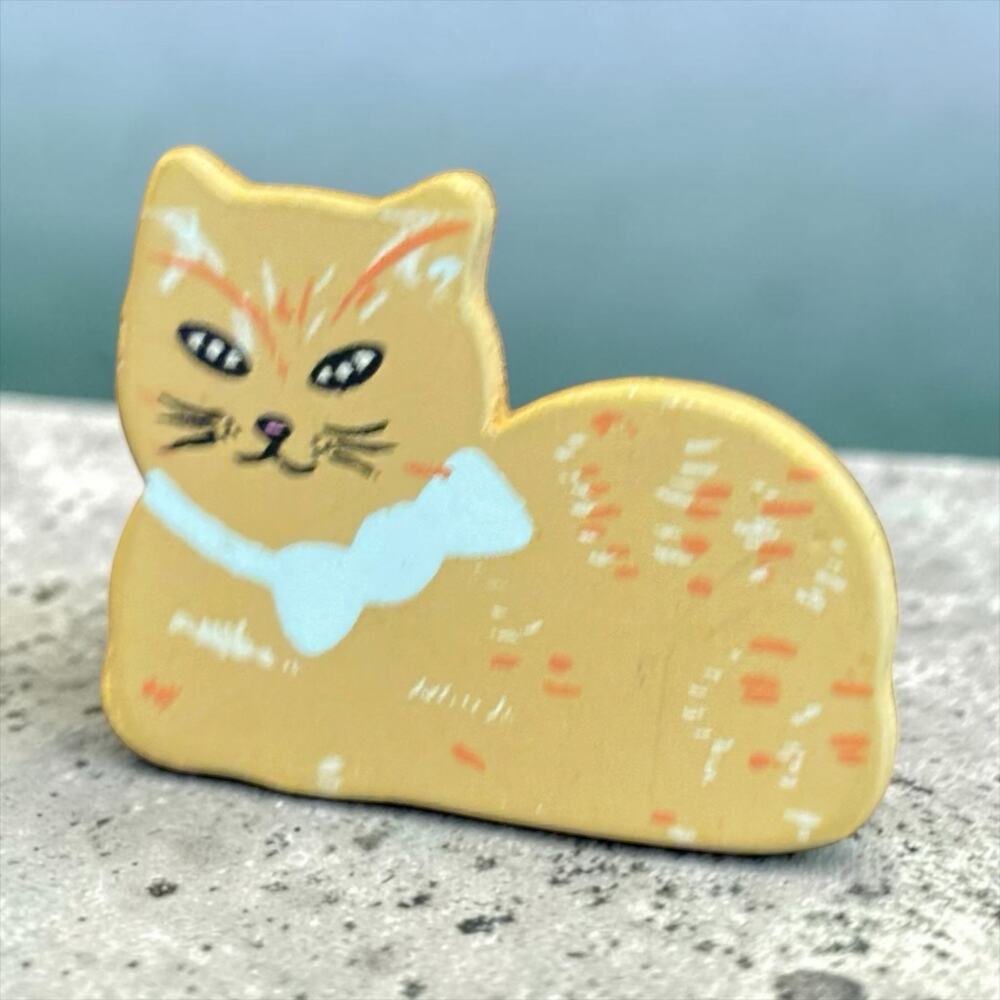 Mod Ginger Cat Brooch Blue Bow Tie Hand Painted Wood Vintage Kitty Pin